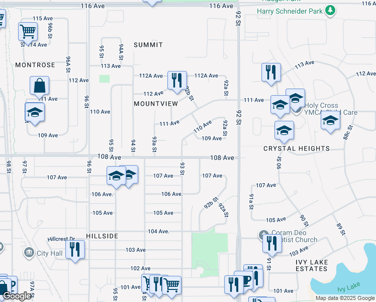 map of restaurants, bars, coffee shops, grocery stores, and more near 9260 108 Avenue in Grande Prairie