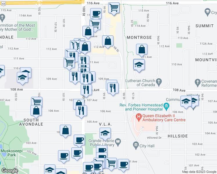 map of restaurants, bars, coffee shops, grocery stores, and more near 9828 108 Avenue in Grande Prairie