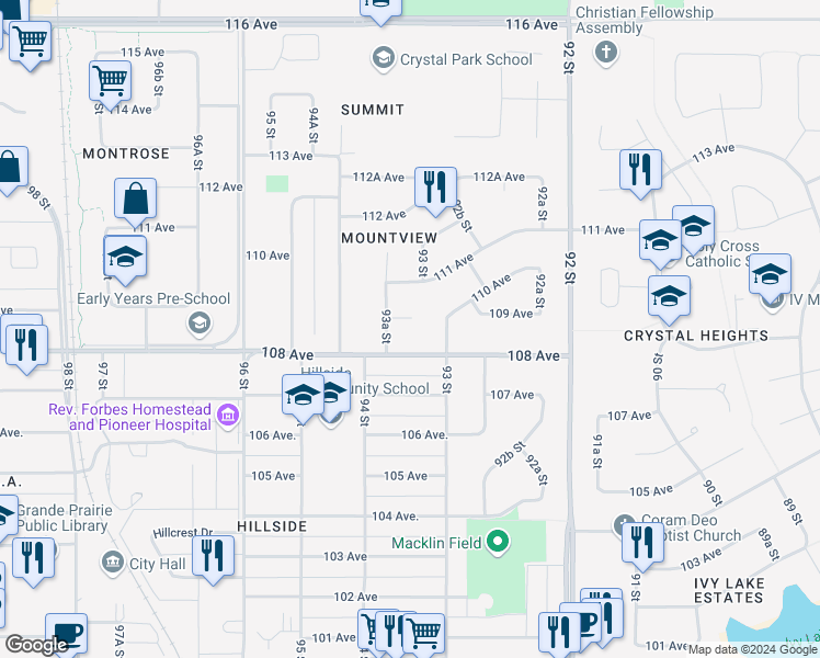 map of restaurants, bars, coffee shops, grocery stores, and more near 9315 109 Avenue in Grande Prairie