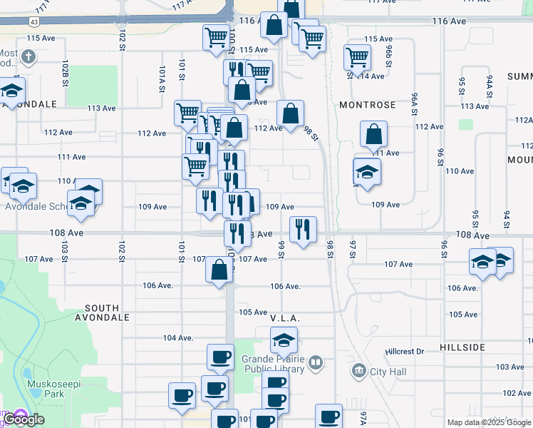 map of restaurants, bars, coffee shops, grocery stores, and more near 9909 109 Avenue in Grande Prairie