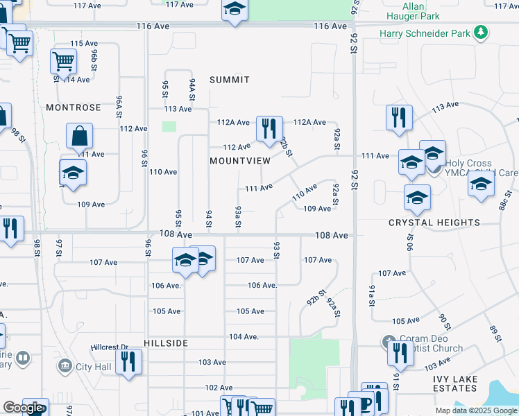 map of restaurants, bars, coffee shops, grocery stores, and more near 9310 109 Avenue in Grande Prairie