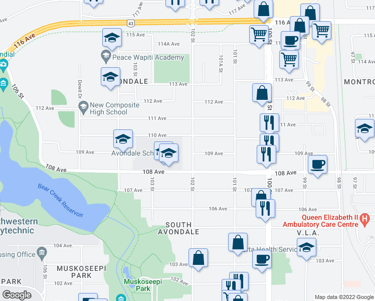 map of restaurants, bars, coffee shops, grocery stores, and more near 10902 102 Street in Grande Prairie