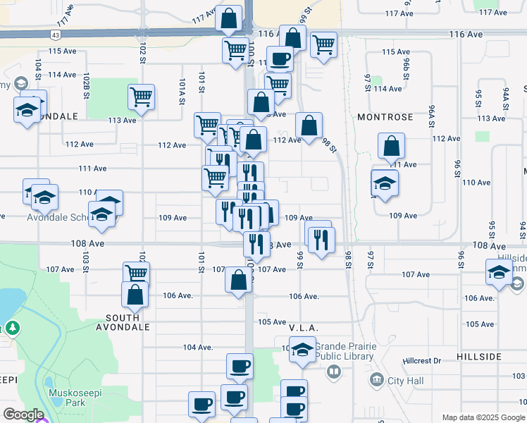 map of restaurants, bars, coffee shops, grocery stores, and more near 10901 100 Street in Grande Prairie