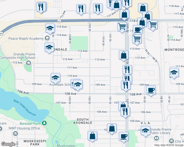 map of restaurants, bars, coffee shops, grocery stores, and more near 11001 102 Street in Grande Prairie