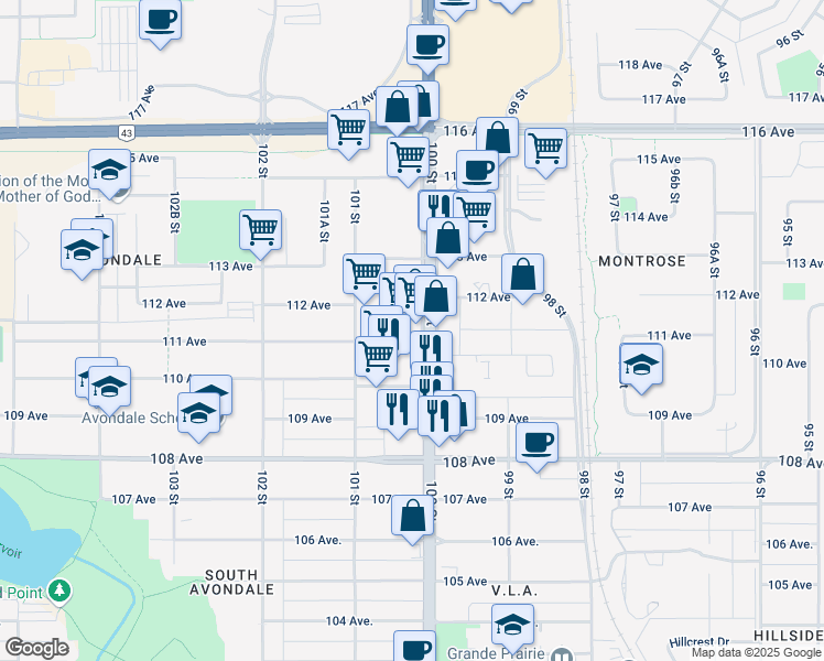 map of restaurants, bars, coffee shops, grocery stores, and more near 11030 100 Street in Grande Prairie