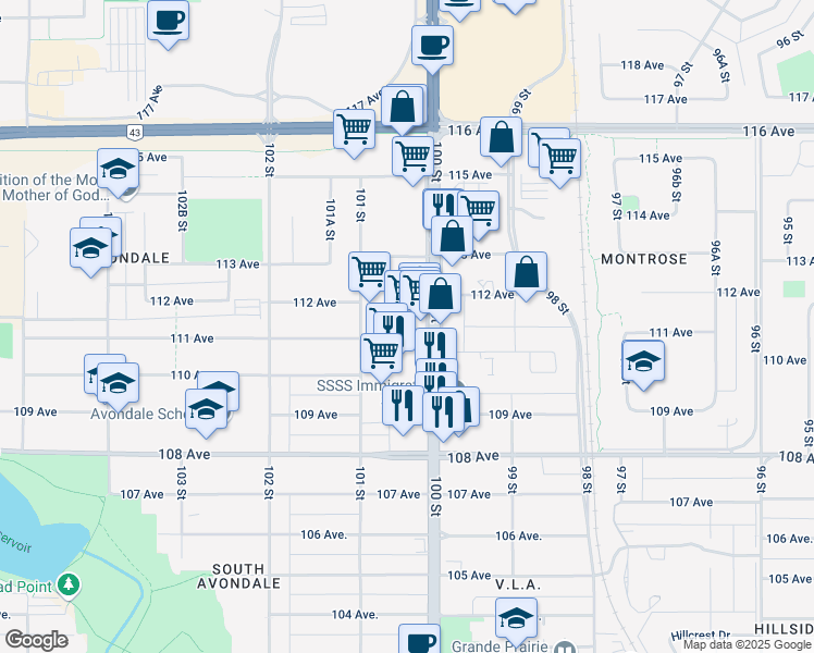 map of restaurants, bars, coffee shops, grocery stores, and more near 11030 100 Street in Grande Prairie