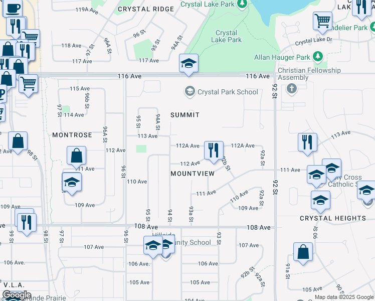 map of restaurants, bars, coffee shops, grocery stores, and more near 9343 112A Avenue in Grande Prairie