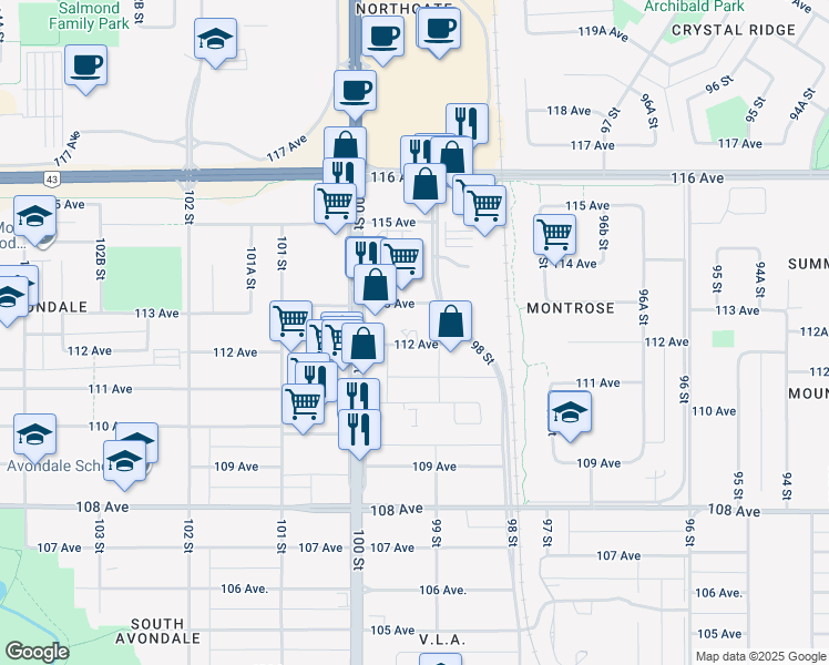 map of restaurants, bars, coffee shops, grocery stores, and more near 9910 112 Avenue in Grande Prairie