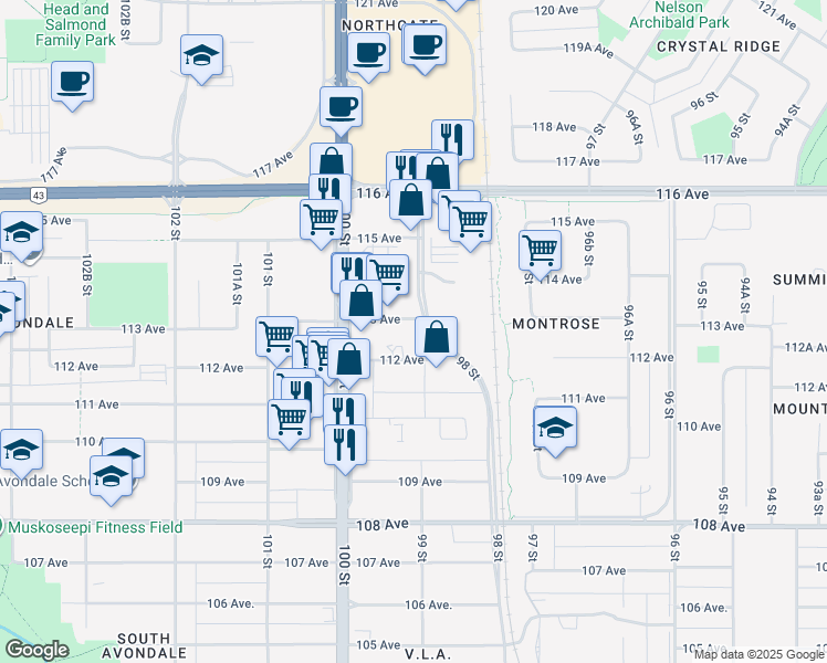 map of restaurants, bars, coffee shops, grocery stores, and more near 9910 112 Avenue in Grande Prairie