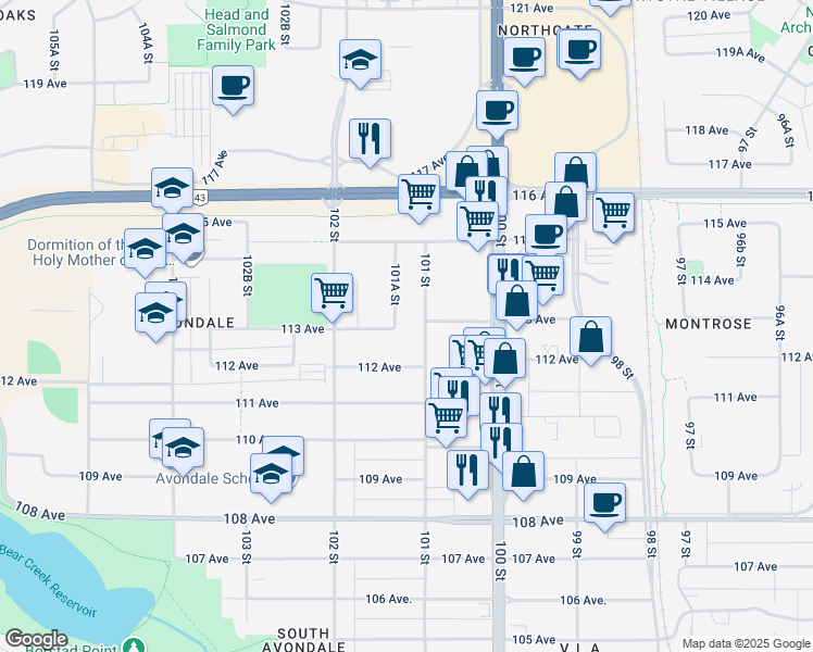 map of restaurants, bars, coffee shops, grocery stores, and more near 11301 101A Street in Grande Prairie