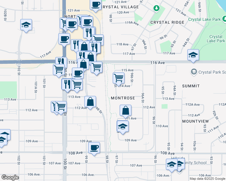 map of restaurants, bars, coffee shops, grocery stores, and more near 11408 97 Street in Grande Prairie