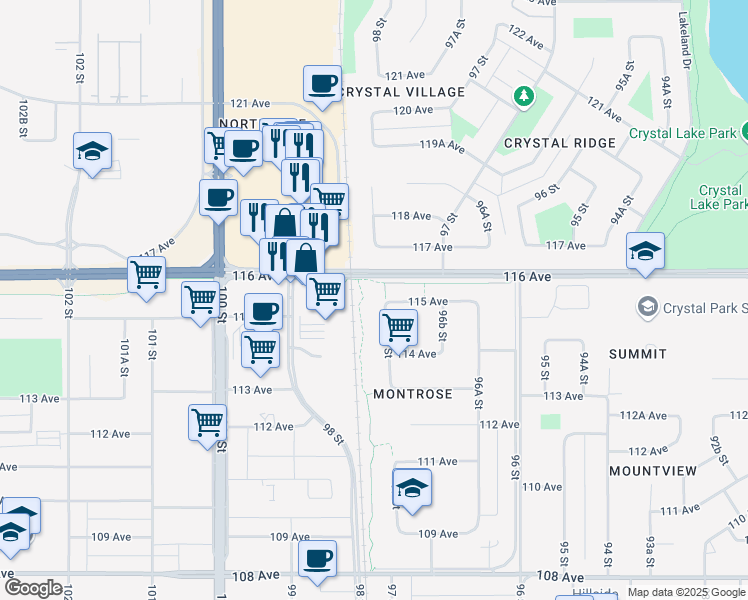 map of restaurants, bars, coffee shops, grocery stores, and more near 11448 97 Street in Grande Prairie