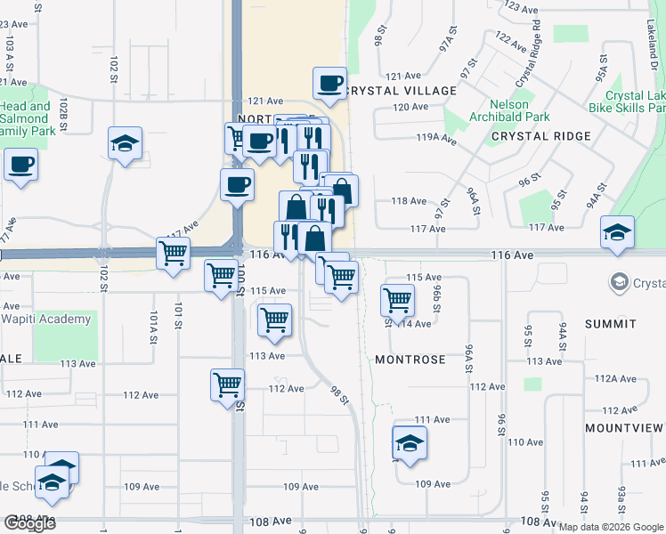 map of restaurants, bars, coffee shops, grocery stores, and more near 9809 116 Avenue in Grande Prairie