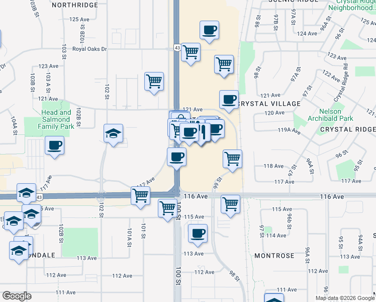 map of restaurants, bars, coffee shops, grocery stores, and more near 11801 100 Street in Grande Prairie
