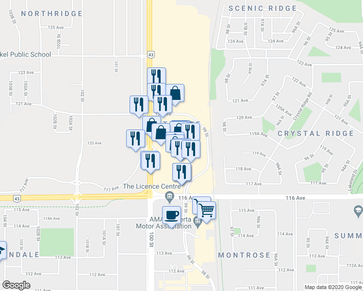 map of restaurants, bars, coffee shops, grocery stores, and more near 11801 100 Street in Grande Prairie