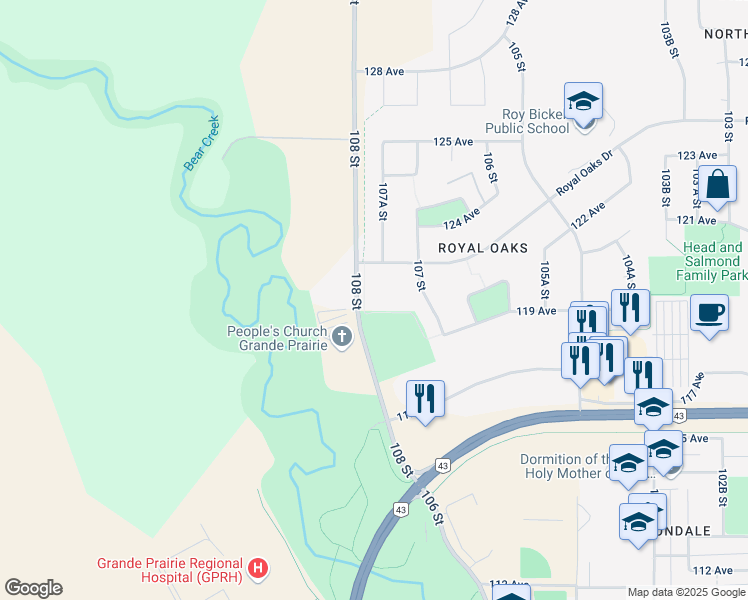 map of restaurants, bars, coffee shops, grocery stores, and more near 12025 Royal Oaks Drive in Grande Prairie