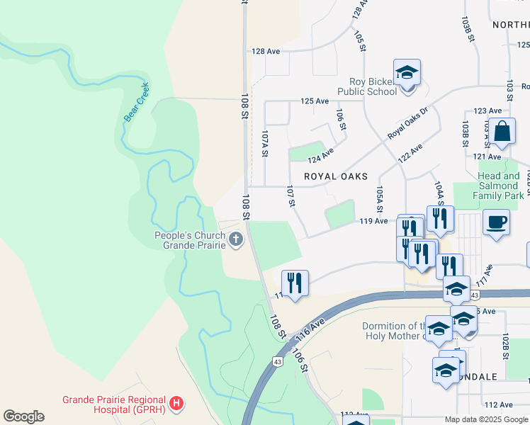 map of restaurants, bars, coffee shops, grocery stores, and more near 12025 Royal Oaks Drive in Grande Prairie