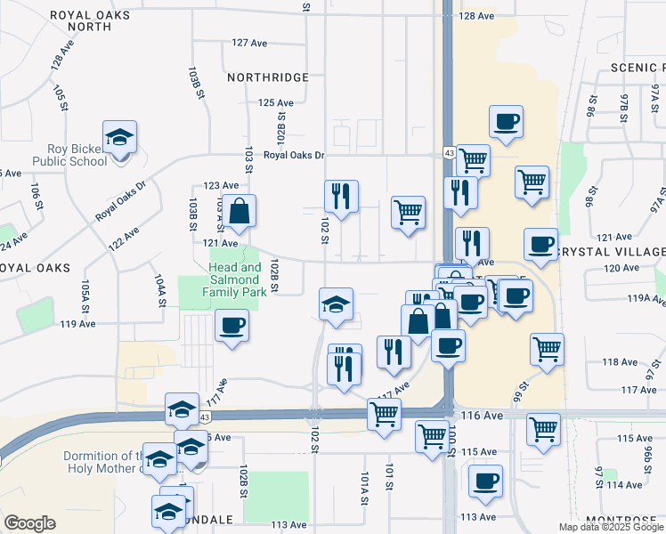 map of restaurants, bars, coffee shops, grocery stores, and more near 806 121 Avenue in Grande Prairie