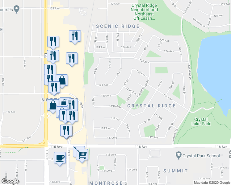map of restaurants, bars, coffee shops, grocery stores, and more near 9702 120 Avenue in Grande Prairie