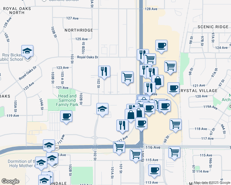 map of restaurants, bars, coffee shops, grocery stores, and more near 10150 121 Avenue in Grande Prairie