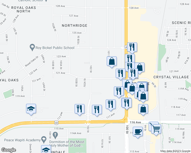 map of restaurants, bars, coffee shops, grocery stores, and more near 806 121 Avenue in Grande Prairie