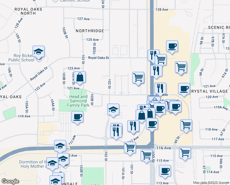 map of restaurants, bars, coffee shops, grocery stores, and more near 806 121 Avenue in Grande Prairie