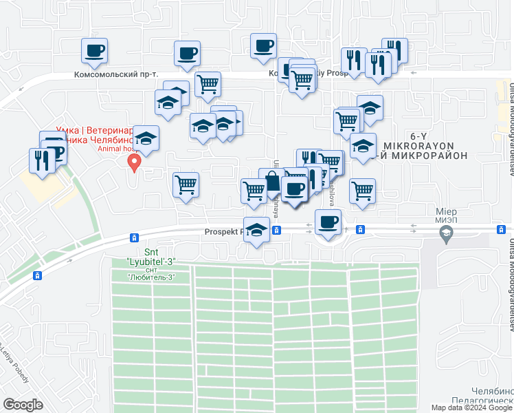 map of restaurants, bars, coffee shops, grocery stores, and more near 354 Prospekt Pobedy in Chelyabinsk