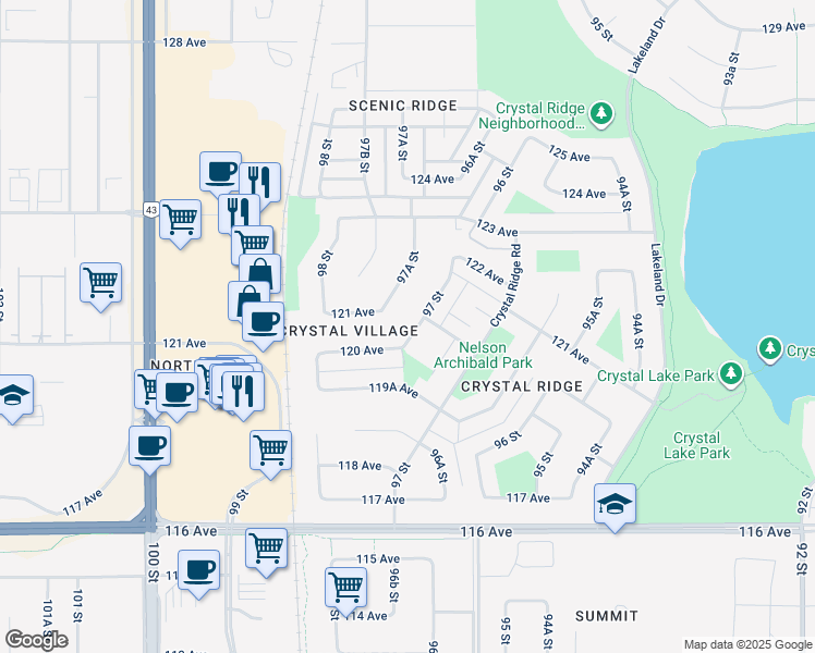 map of restaurants, bars, coffee shops, grocery stores, and more near 9702 120 Avenue in Grande Prairie