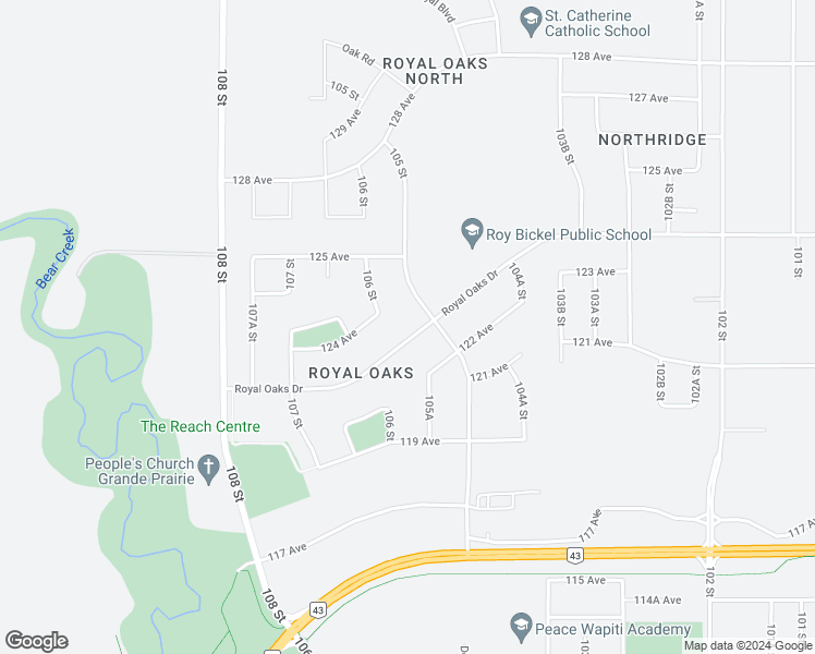 map of restaurants, bars, coffee shops, grocery stores, and more near 10510 Royal Oaks Drive in Grande Prairie