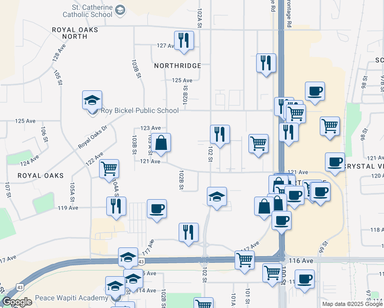 map of restaurants, bars, coffee shops, grocery stores, and more near 10250 121 Avenue in Grande Prairie