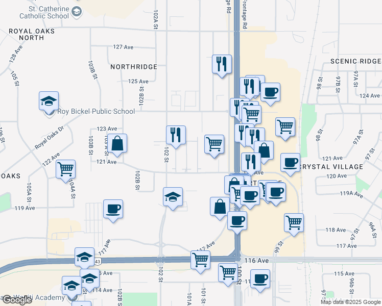 map of restaurants, bars, coffee shops, grocery stores, and more near 10150 121 Avenue in Grande Prairie
