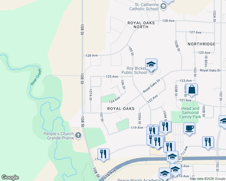 map of restaurants, bars, coffee shops, grocery stores, and more near 12418 106A Street in Grande Prairie