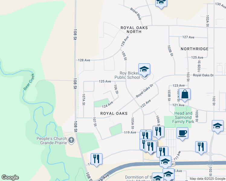 map of restaurants, bars, coffee shops, grocery stores, and more near 12418 106 Street in Grande Prairie