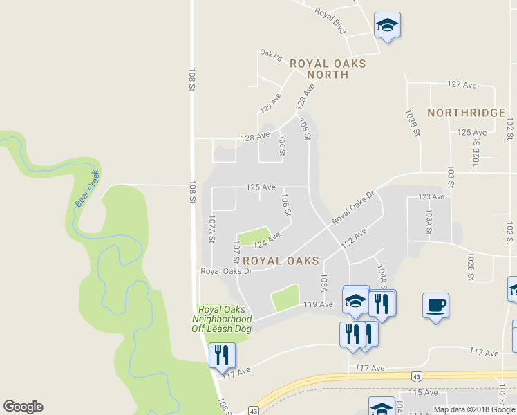 map of restaurants, bars, coffee shops, grocery stores, and more near 12418 106A Street in Grande Prairie