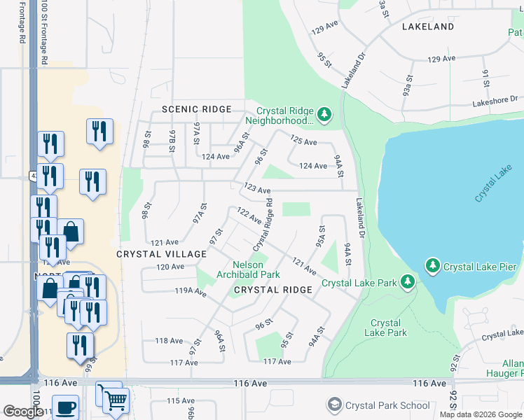 map of restaurants, bars, coffee shops, grocery stores, and more near 12202 Crystal Ridge Road in Grande Prairie