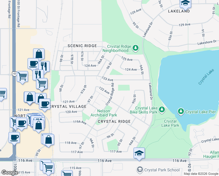 map of restaurants, bars, coffee shops, grocery stores, and more near 12210 Crystal Ridge Road in Grande Prairie