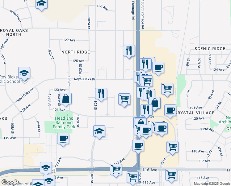 map of restaurants, bars, coffee shops, grocery stores, and more near 10023-10019 123 Avenue in Grande Prairie