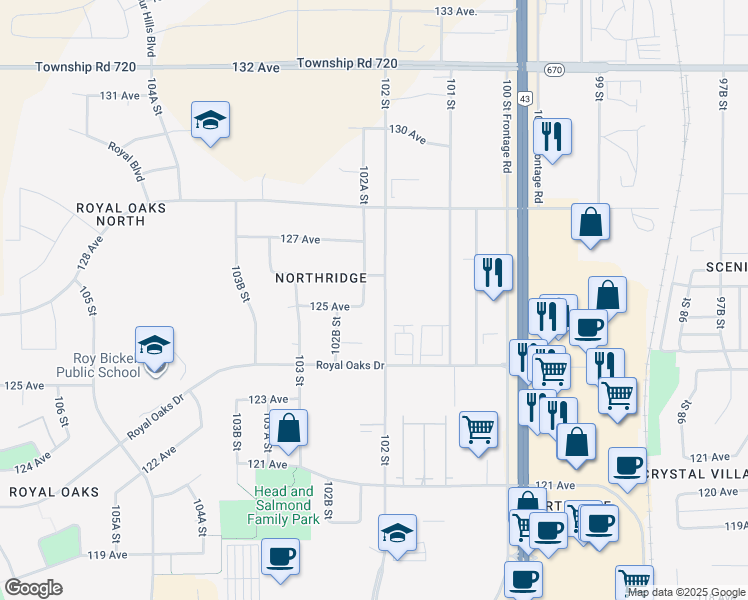 map of restaurants, bars, coffee shops, grocery stores, and more near 12507 102A Street in Grande Prairie