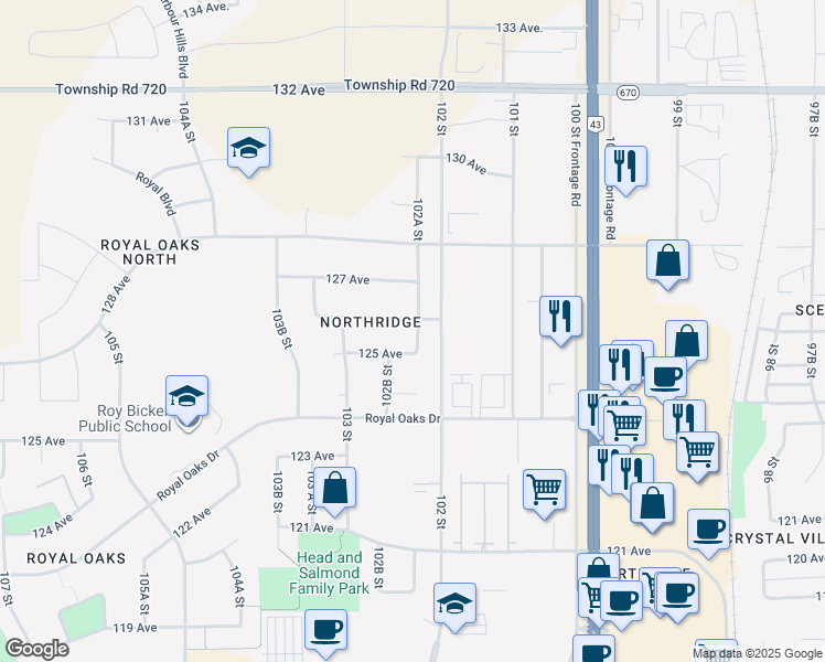 map of restaurants, bars, coffee shops, grocery stores, and more near 12507 102A Street in Grande Prairie