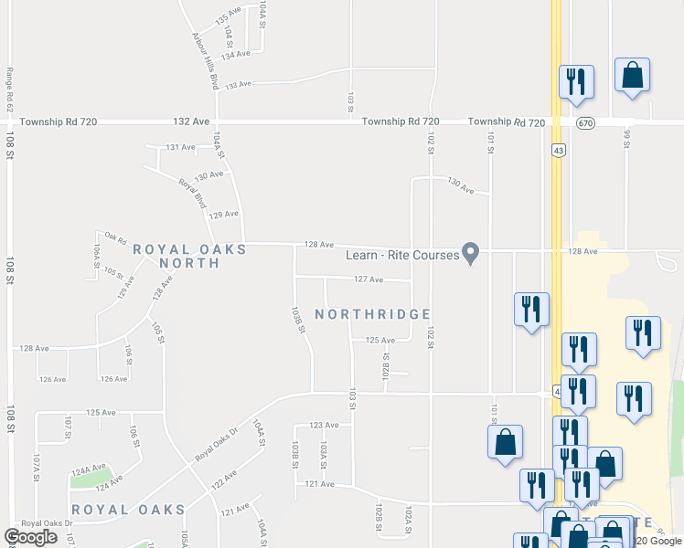 map of restaurants, bars, coffee shops, grocery stores, and more near 10250 127 Avenue in Grande Prairie