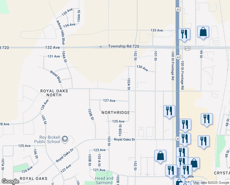 map of restaurants, bars, coffee shops, grocery stores, and more near 10221 128 Avenue in Grande Prairie