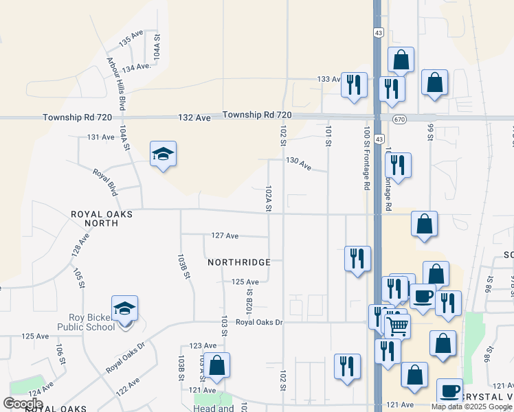 map of restaurants, bars, coffee shops, grocery stores, and more near 12033 102A Street in Grande Prairie