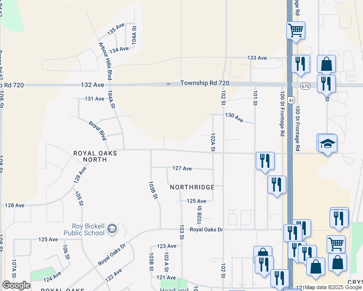 map of restaurants, bars, coffee shops, grocery stores, and more near 10221 128 Avenue in Grande Prairie