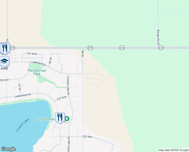 map of restaurants, bars, coffee shops, grocery stores, and more near 8800 Lakeland Drive in Grande Prairie