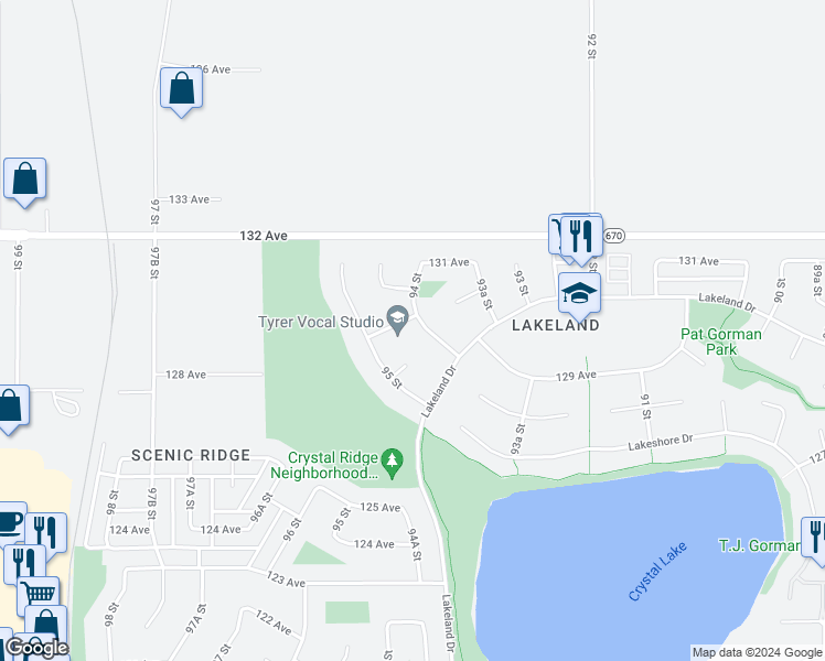 map of restaurants, bars, coffee shops, grocery stores, and more near 12834 94 Street in Grande Prairie