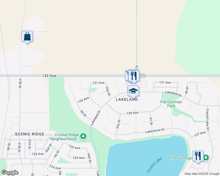 map of restaurants, bars, coffee shops, grocery stores, and more near 13001 93A Street in Grande Prairie