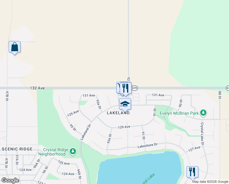 map of restaurants, bars, coffee shops, grocery stores, and more near 9225 Lakeland Drive in Grande Prairie