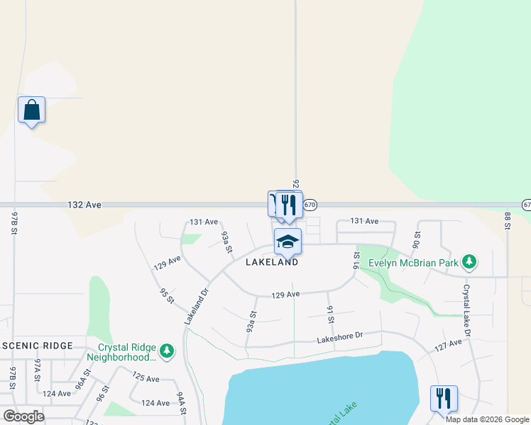 map of restaurants, bars, coffee shops, grocery stores, and more near 9225 Lakeland Drive in Grande Prairie