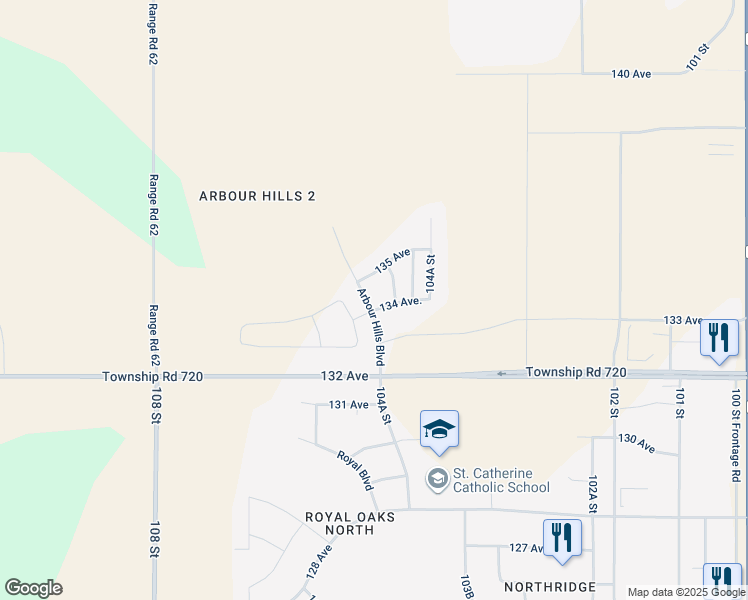 map of restaurants, bars, coffee shops, grocery stores, and more near 10414 134 Avenue in Grande Prairie