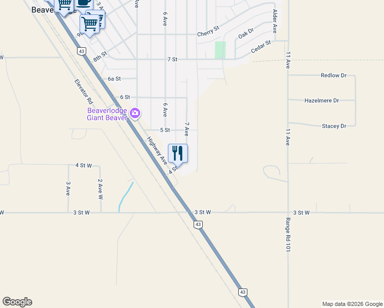 map of restaurants, bars, coffee shops, grocery stores, and more near 410 7 Avenue in Beaverlodge